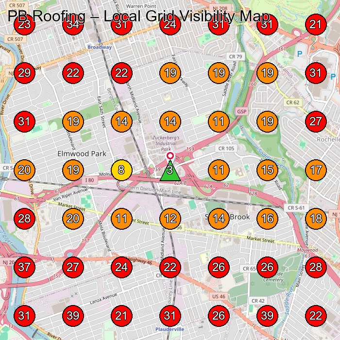 PB Roofing GeoGrid visibility map for Roofing Contractor in Elmwood Park